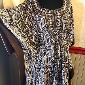 Caftan, brown and white, gold accents, cinch waist with drawstring, Large